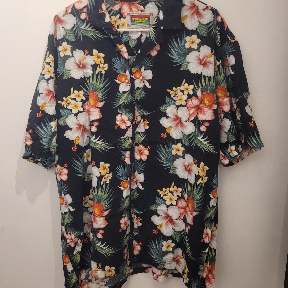 Banana Jack Honolulu Black Floral Men's Hawaiian Shirt Xxl Orchids, Hibiscus